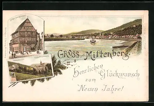 Lithographie Miltenberg, Ortsansicht vom Main aus, Hotel zum Riesen, Altes Schloss mit Villa Thurmegg