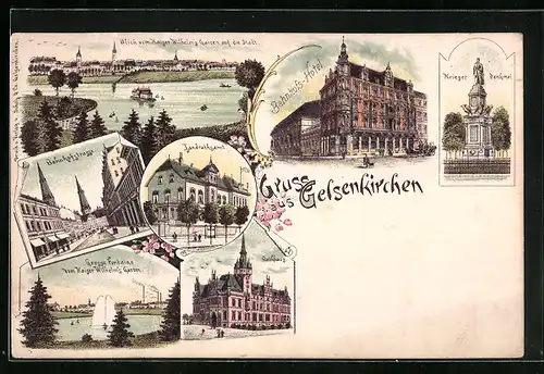 Lithographie Gelsenkirchen, Bahnhofs-Hotel, Bahnhofstrasse, Ortsansicht vom Kaiser Wilhelms Garten aus