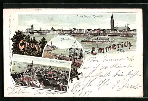 Lithographie Emmerich a. Rh., Ortsansicht von der Rheinseite, Fährponte, Blick von der Aldegundiskirche
