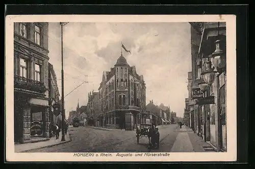 AK Homberg a. Rh., Partie an der Augusta- und Mörserstrasse, mit Strassenbahn