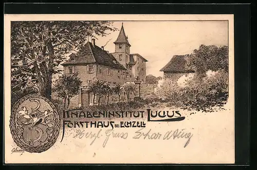 Lithographie Echzell, Knabeninstitut Lucius - Gebäude, Wappen