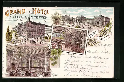 Lithographie Hannover, Grand-Hotel Tesch & Steffen - Aussenansichten, Speisesaal, Tunnel