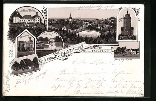 Lithographie Lütjenburg, Ortsansicht aus der Vogelschau, Schloss Panker, De ohle Liese, Blomenburg