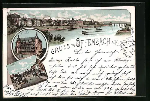 Lithographie Offenbach a. M., Totalansicht mit Schloss und Markt