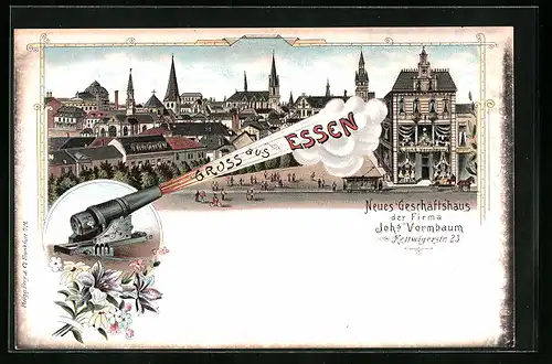 Lithographie Essen, Totalansicht mit dem Neuen Geschäftshaus der Firma Vormbaum in der Kettwigerstrasse 23