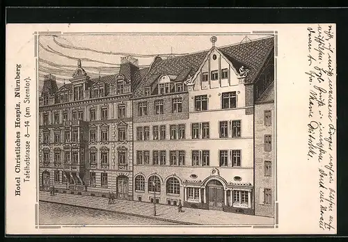 Lithographie Nürnberg, Hotel Christliches Hospiz in der Tafelhofstrasse 8-14
