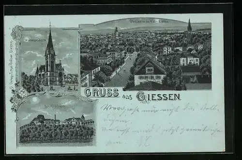 Mondschein-Lithographie Giessen, Teilansicht mit Strassenpartie, St. Johannes-Kirche, Schiffenberg
