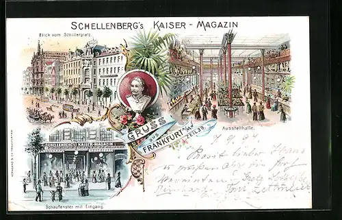 Lithographie Frankfurt a. M., Schellenberg`s Kaiser-Magazin, Zeil 39, Blick vom Schillerplatz, Ausstellhalle