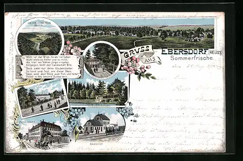 Lithographie Ebersdorf / Reuss, Heinrichstein Häuschen, Teichhäuschen, Bahnhof