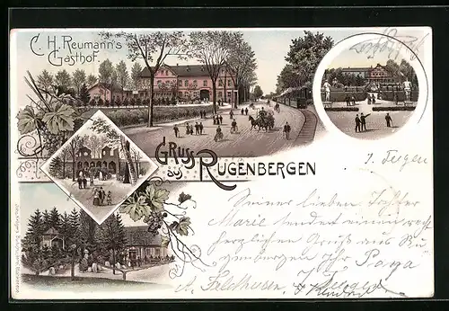 Lithographie Rugenbergen, C. H. Reumann`s Gasthof, Garten, Eingang