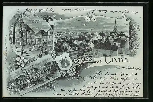 Mondschein-Lithographie Unna, Totalansicht, Badehaus-Königsborn, Marktplatz mit Denkmal