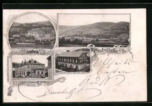 AK Probstzella i. Th., Gasthaus zum Goldenen Löwen, Mineralwasser Richard Gause, Bahnhof