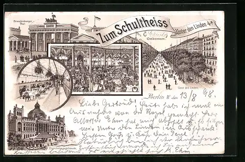 Lithographie Berlin, Gasthaus Zum Schultheiss, Unter den Linden 4a, Inneres Spiegel-Saal und Restaurant-Saal