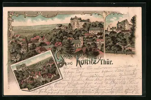 Lithographie Könitz i. Thür., Teilansichten, Burg