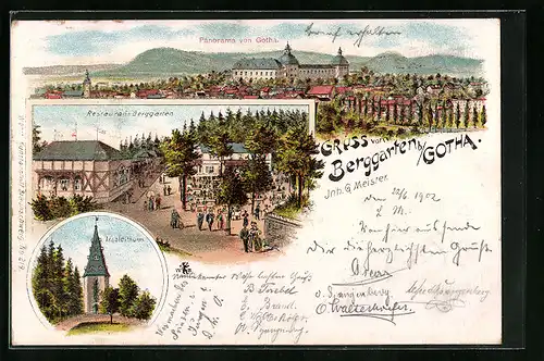 Lithographie Gotha, Restaurant Berggarten, Arnolditurm, Panorama