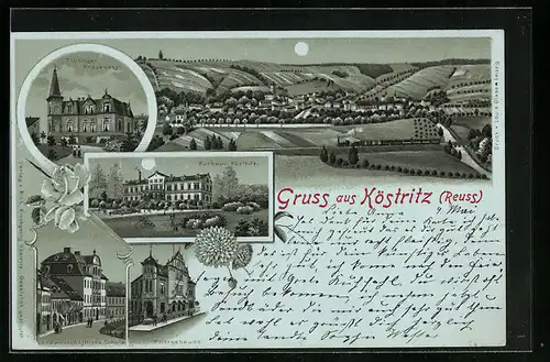 Mondschein-Lithographie Köstritz /Reuss, Kurhaus, Postgebäude, Landwirtschaftliche Schule