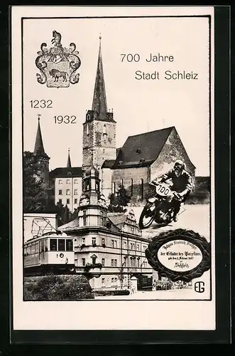 AK Schleiz, Festpostkarte zur 700 Jahrfeier der Stadt 1932, Fotomontage mit Strassenbahn und Motorradrennen