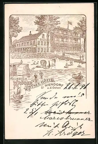 Lithographie Niendorf /Ostsee, Krögers Ostsee-Hotel