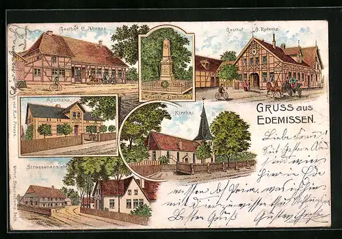 Lithographie Edemissen, Gasthof C. Ahrens, Kirche und Kriegerdenkmal