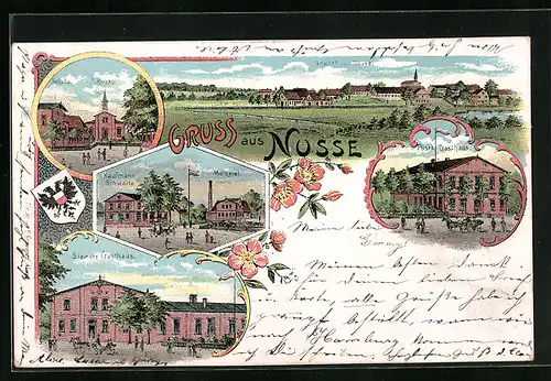 Lithographie Nusse, Totalansicht mit Molkerei und Gasthaus