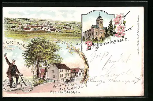 Lithographie Pfaffenwiesbach, Totalansicht mit Gasthaus zur Linde