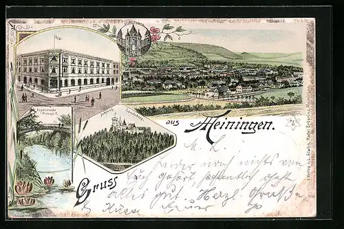 Lithographie Meiningen, Totalansicht mit Schloss und Bogenbrücke, Gasthaus zum Erbprinzen