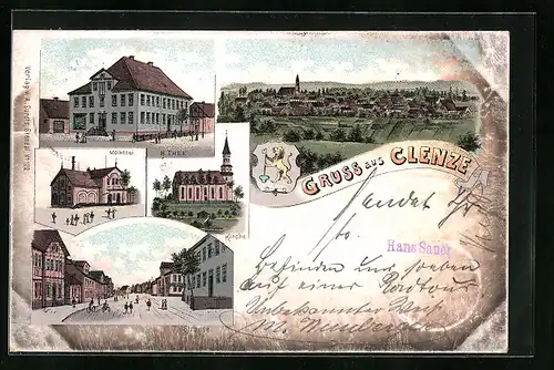 Lithographie Clenze, Gesamtansicht mit Molkerei und Kirche