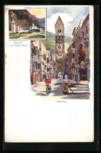Künstler-AK Sterzing, Brenner mit Hotel Post