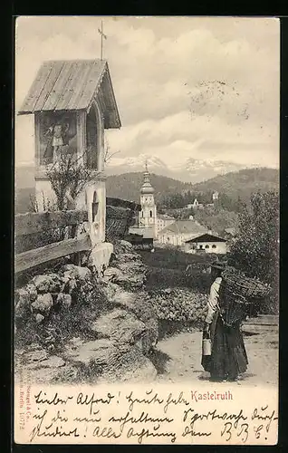 AK Kastelruth, Ortsansicht mit Wegkreuz und Kirche