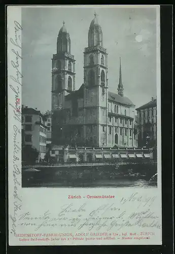 Mondschein-AK Zürich, Das Grossmünster bei Vollmond