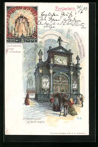 Künstler-AK Einsiedeln, Gläubige in der Gnadenkapelle, Das Gnadenbild