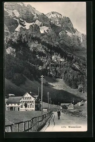 AK Wasserauen, Strassenpartie vor Bergpanorama, Gasthaus