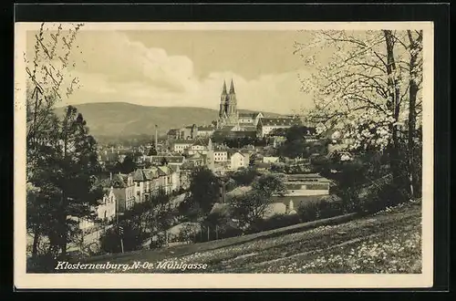 AK Klosterneuburg, Ortsansicht von einer blühenden Wiese aus