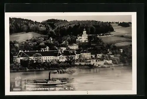 AK Säusenstein /Donau, Panorama des Ortes vom Wasser aus
