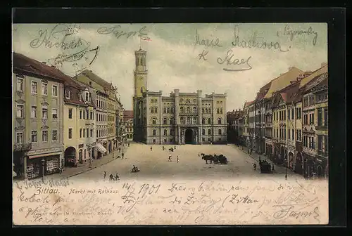 AK Zittau, Markt mit Rathaus