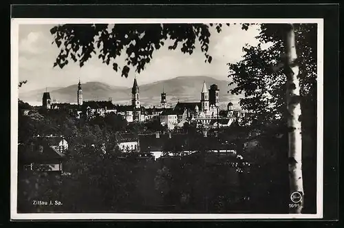 AK Zittau i. Sa., Stadtblick mit Jeschken, Langeberg und Kalkberg