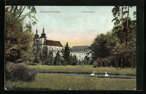 AK Donaueschingen, Schlosspark mit Schwanenteich