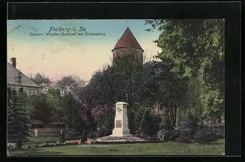 AK Freiberg i. Sa., Clemens Winkler-Denkmal am Schlossplatz