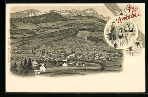 Lithographie Appenzell, Panoramablick auf Ortschaft und Gebirge, Appenzeller Tracht