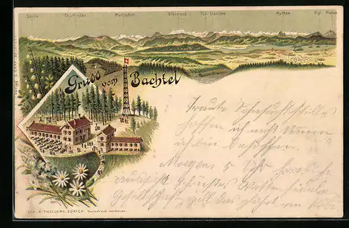 Lithographie Hinweil, Gasthof auf dem Bachtel, Gebirgs-Panorama