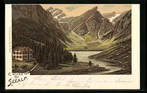 Lithographie Schwende-Rüte, Seealp, Panorama mit Hotel, See und Gebirge
