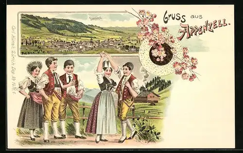 Lithographie Appenzell, Totalansicht, Appenzeller in Tracht beim Tanz