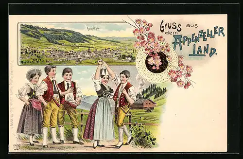 Lithographie Appenzell, Panoramablick auf die Stadt, Appenzeller in Tracht beim Tanz