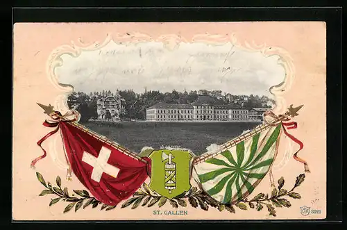 Präge-AK St. Gallen, Ansicht der Kaserne, Wappen und Fahnen