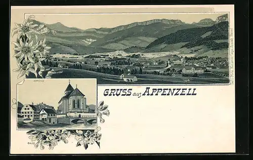 Lithographie Appenzell, Kirche im Ortsbild, Panorama