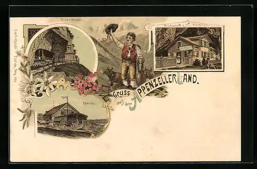 Lithographie Appenzell, Wild-Kirchli mit Wirtschaft, Ebenalp