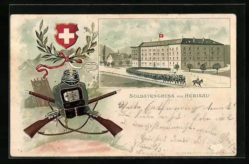 Lithographie Herisau, Parade bei der Kaserne