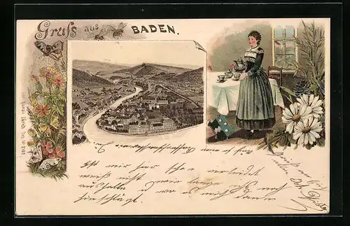 Lithographie Baden, Panoramablick auf die Stadt, beim Tee