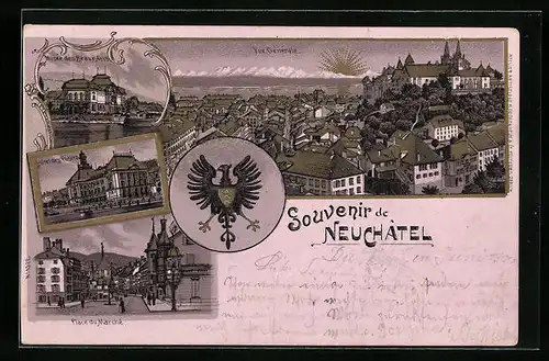 Lithographie Neuchatel, Hotel des Postes, Place du Marché