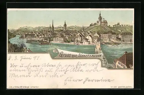 Lithographie Schaffhausen, Panoramablick auf die Stadt